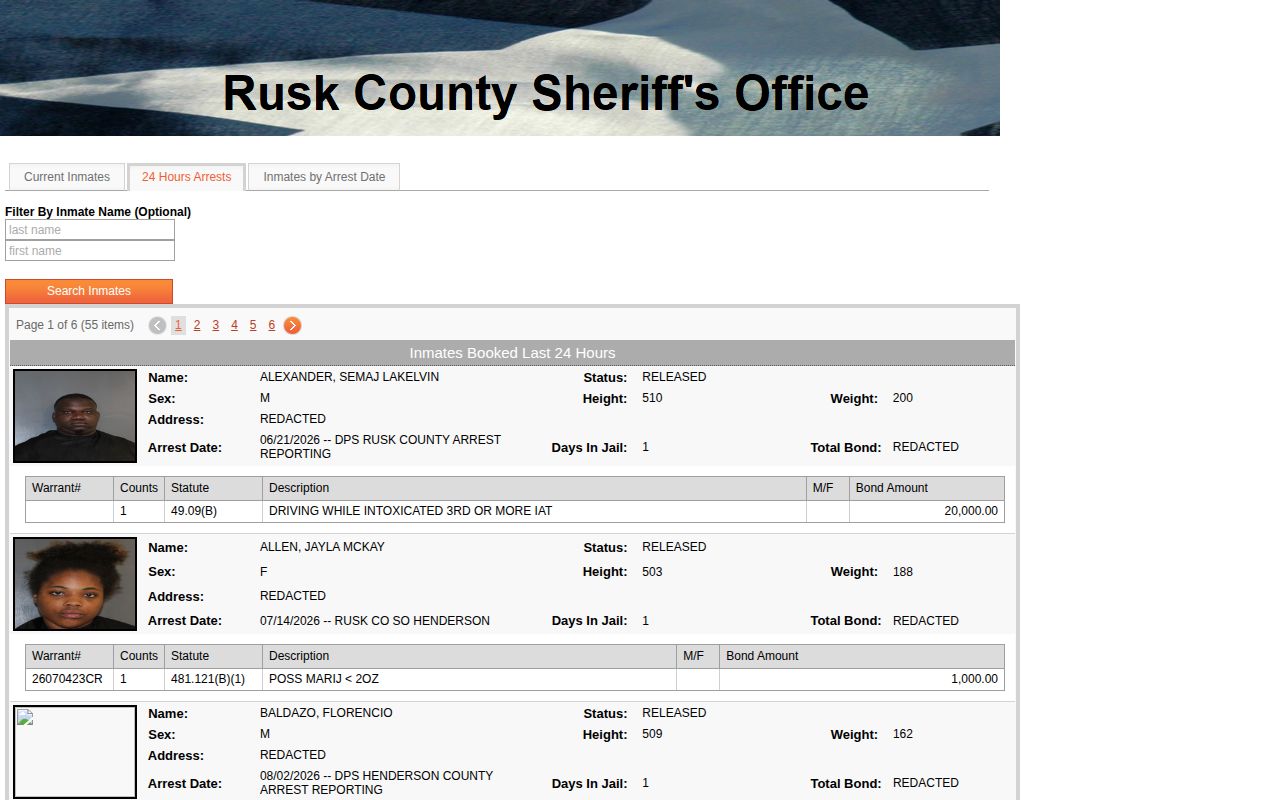 Rusk County 24 hour release status view