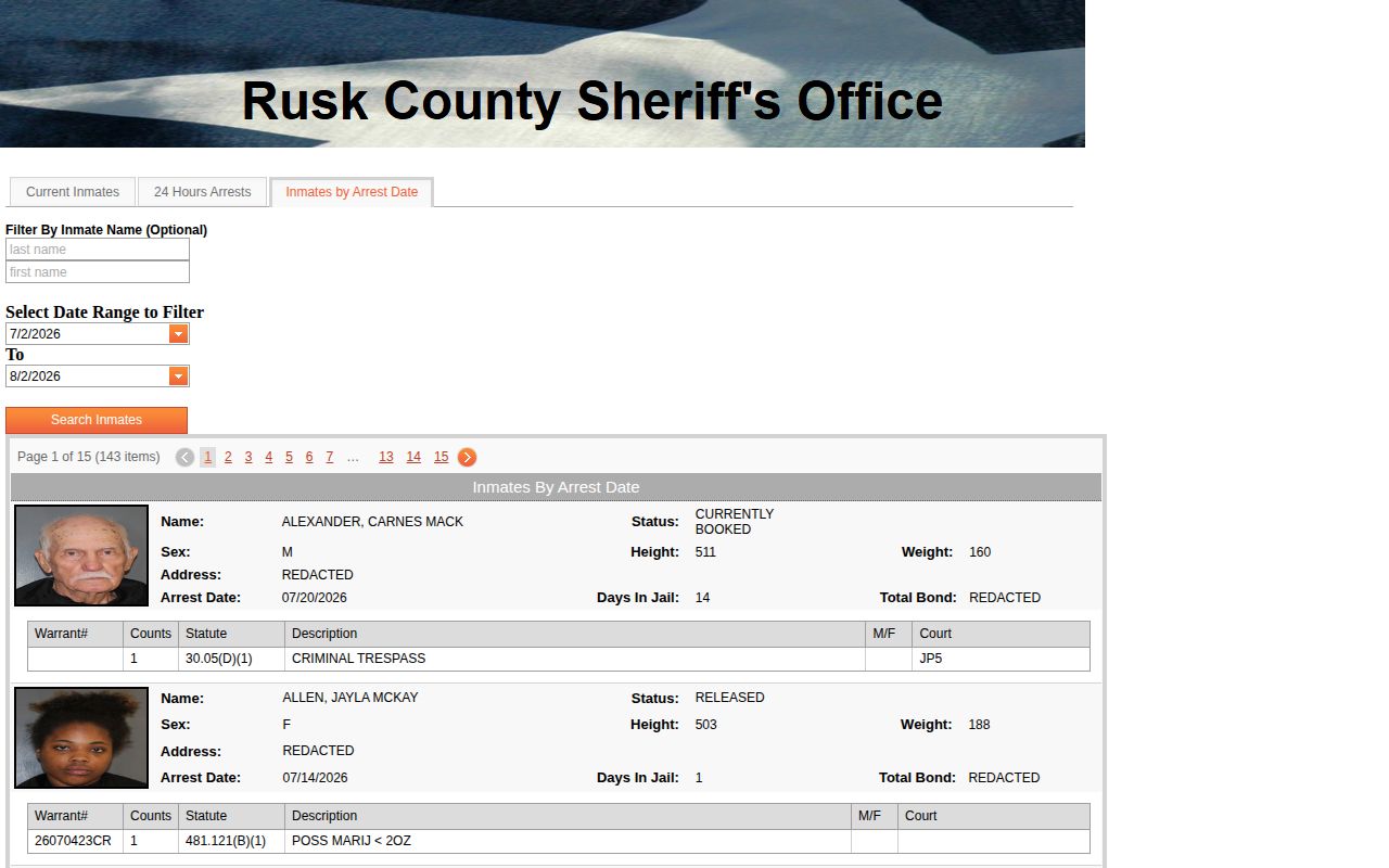 Rusk County 72 hour release arrest-date fallback