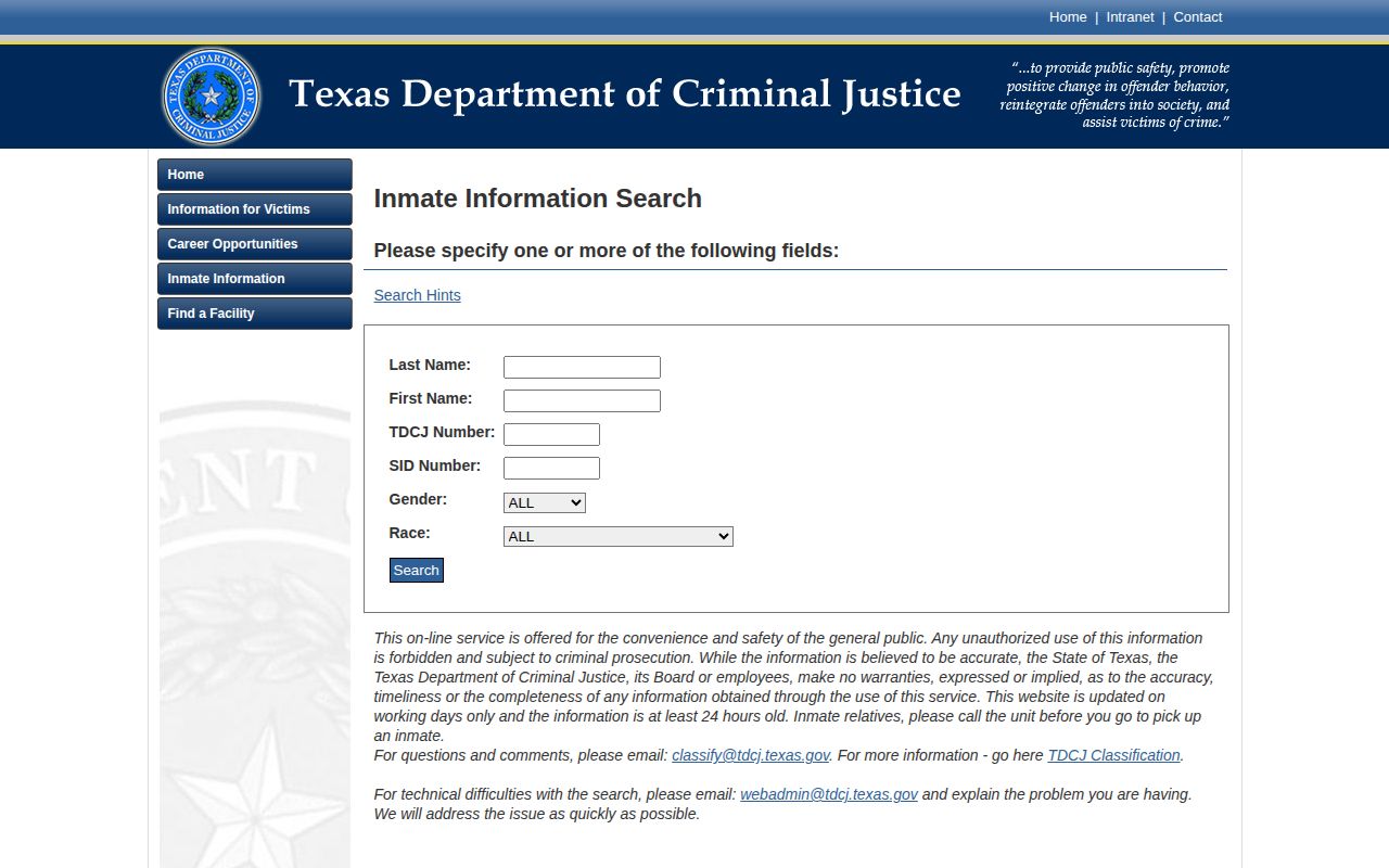 TDCJ offender search form used for Rusk County state-custody records