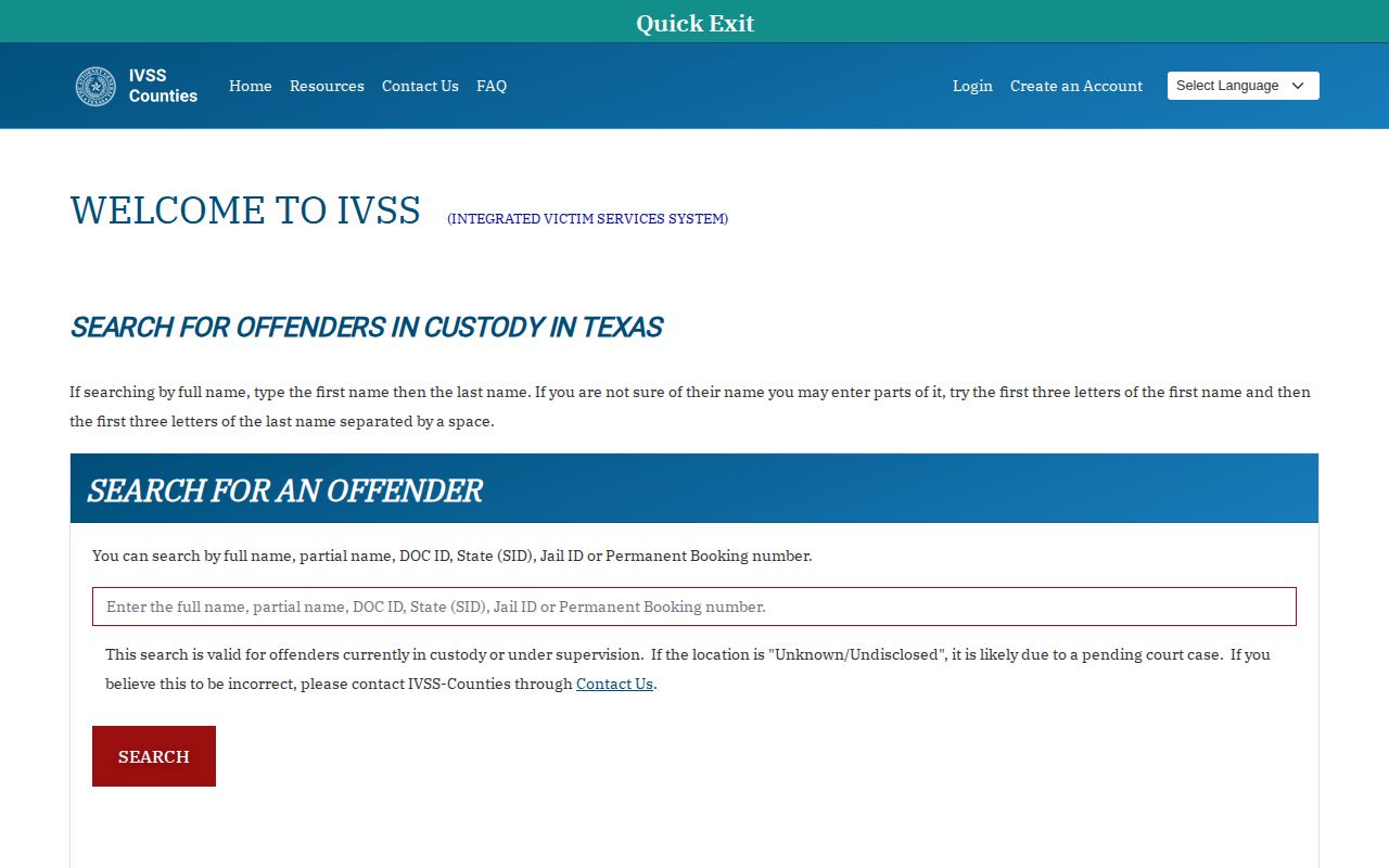 Rusk County IVSS inmate check and release notification portal